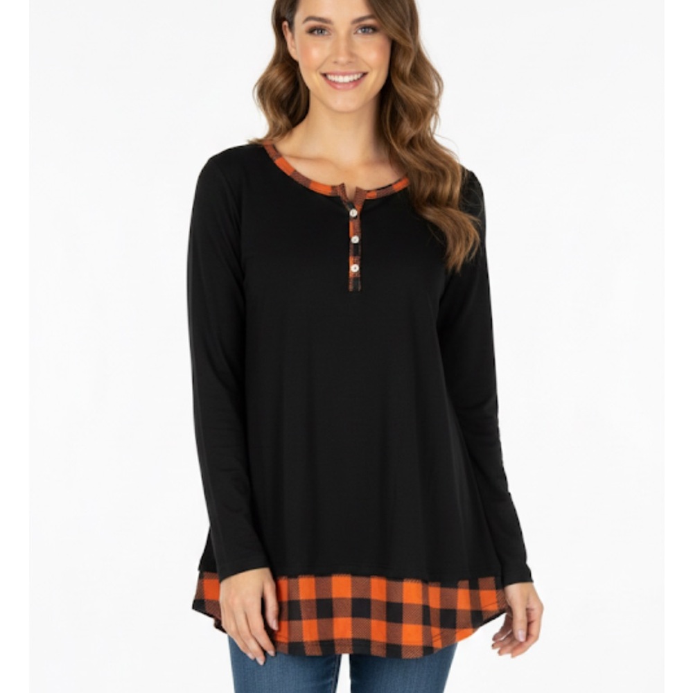 Plaid Split Henley Tunic Top, Women’s L, Black Orange